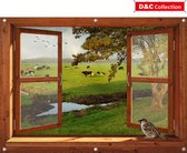 D&C Collection - tuinposter - 130x95 cm - doorkijk - bruin venster - luxe uitvoering - koeien in weiland - tuin decoratie - tuinposters buiten - schuttingposter - tuindoek