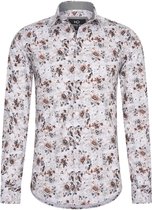 Heren overhemd Lange mouwen - MarshallDenim - bloemenprint wit en bruin - Slim fit met stretch - maat 3XL