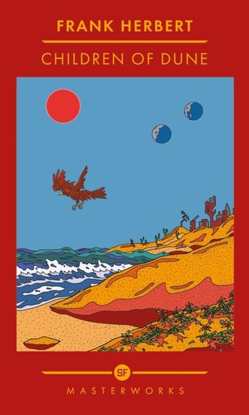 Livre "Children of Dune" couverture rouge, illustration d'une plage, mer, paysage désertique avec bâtiments, un oiseau et deux planètes.