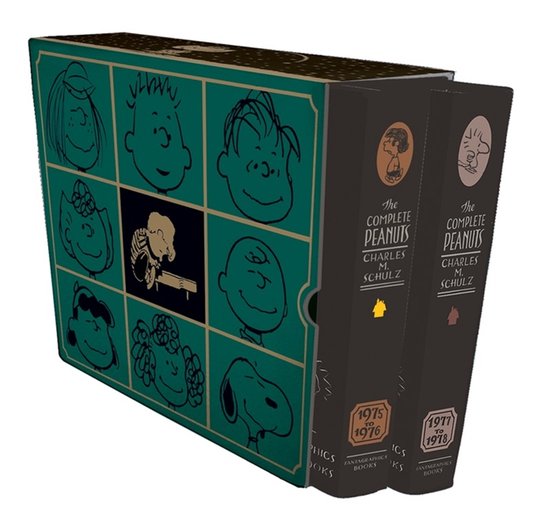 Coffret Complete Peanuts avec les titres 'The Complete Peanuts' Charles M. Schulz 1975-1976 et 1977-1978. La boîte est verte avec neuf cases de personnages.