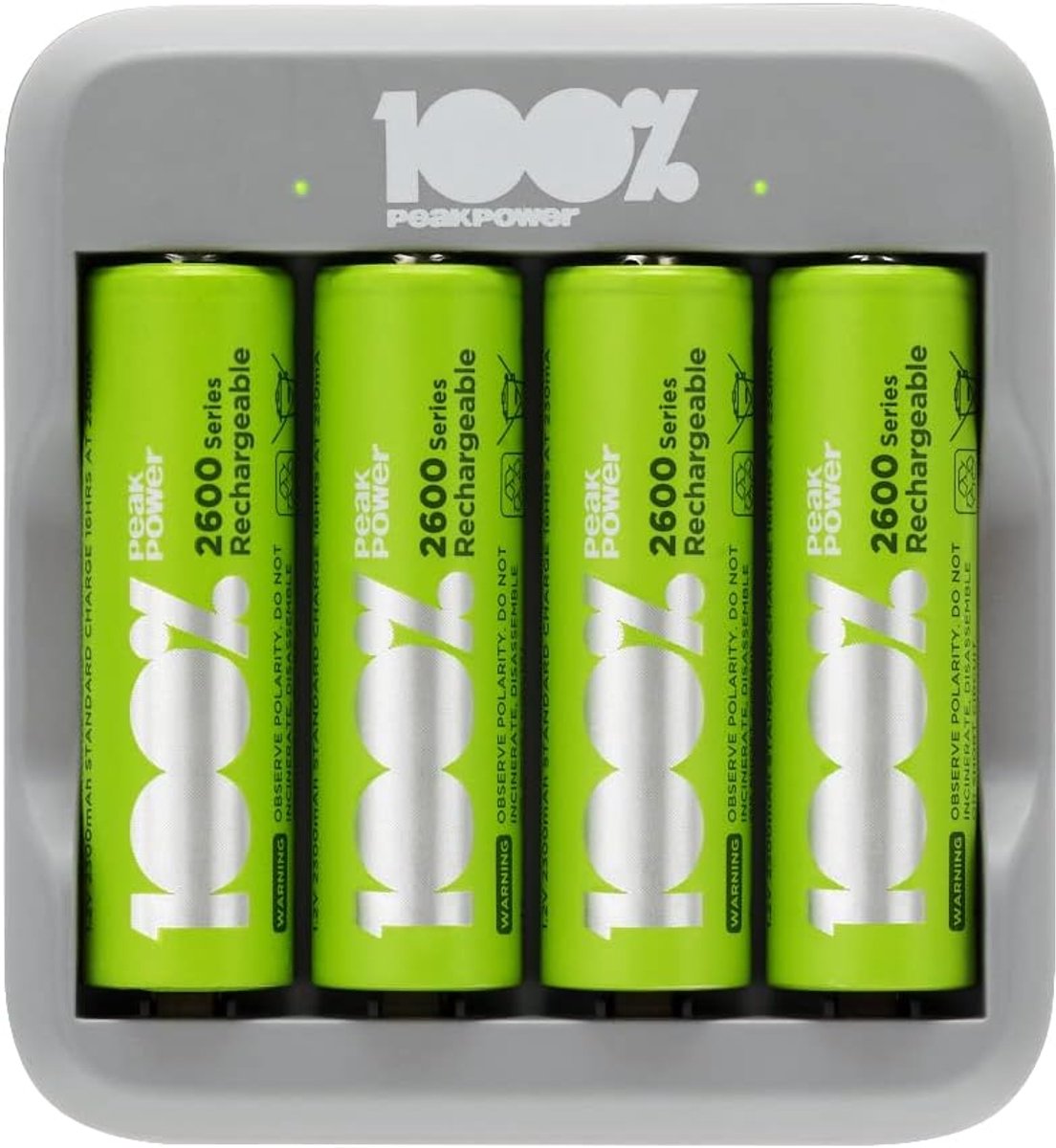 100% PeakPower U413 - Batterij Oplader voor AA en AAA (USB) - Batterijoplader incl. 4 oplaadbare Batterijen AA 2300 mAh - Batterijlader in plasticvrije verpakking