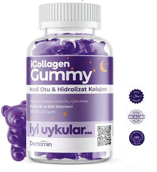 Paarse iCollagen Gummy fles met 60 stuks, met een paarse berenvormige gummy ernaast. Tekst: "iCollagen Gummy Kedi Otu & Hidrolizat Kolajen"
