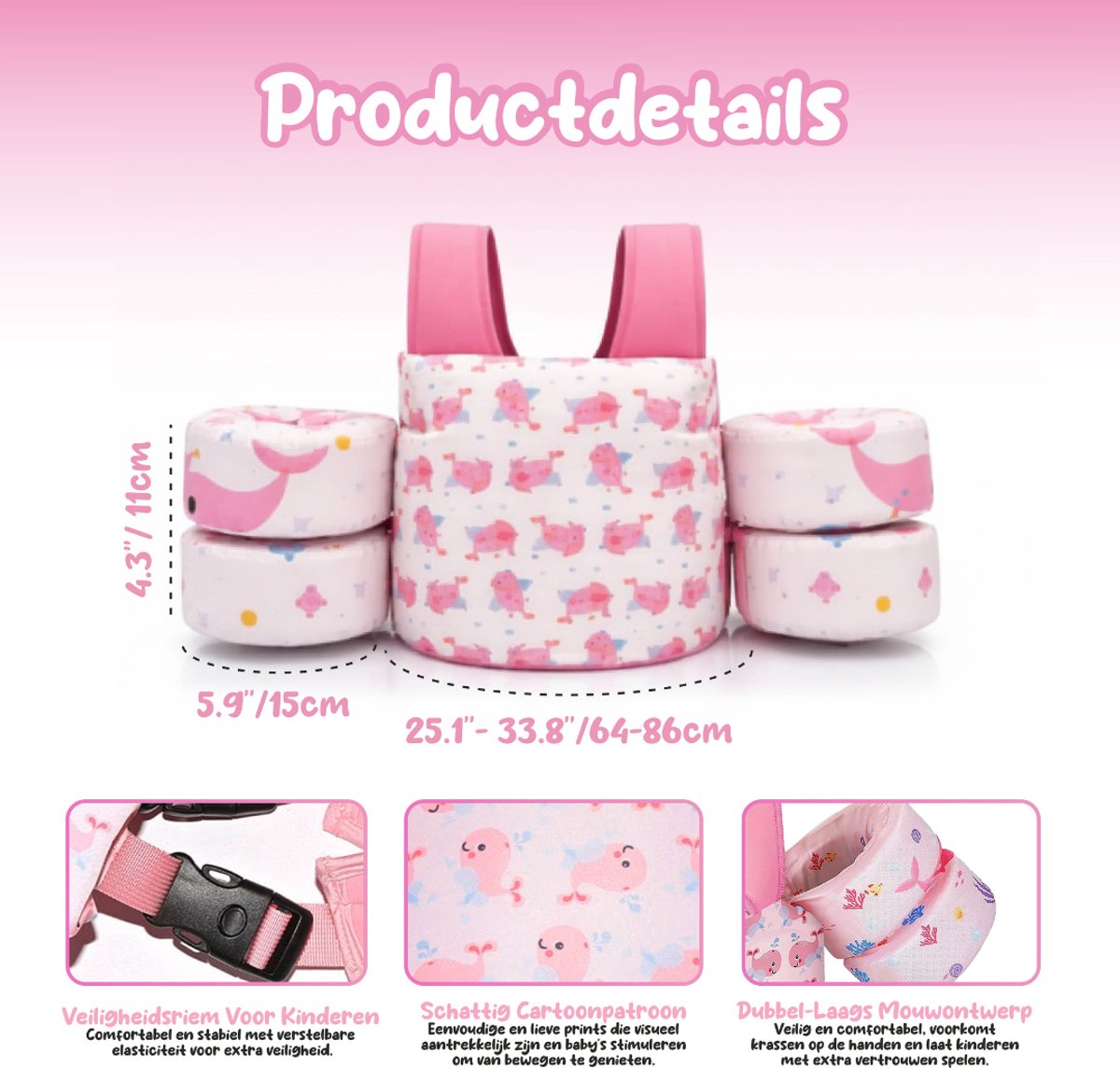 Montzys® Puddle Jumper Roze - Zwembandjes & Zwemvest - Reddingvest Kind - Drijfvest & Zwemvleugels - Swimtrainer & Zwemgordel - Kinderen van 2 tot — afbeelding 6