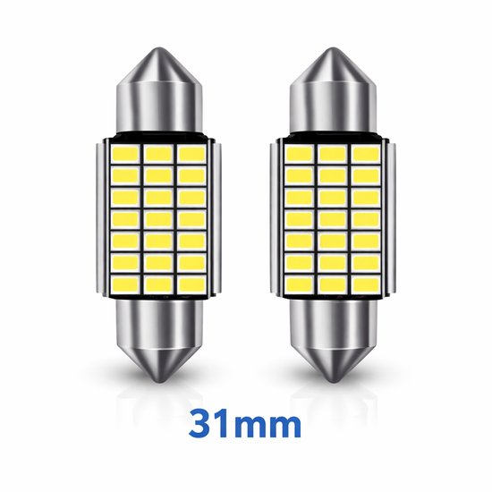 Twee LED-lampen van 31 mm met zilveren doppen en een behuizing vol met kleine gele LED-chips.