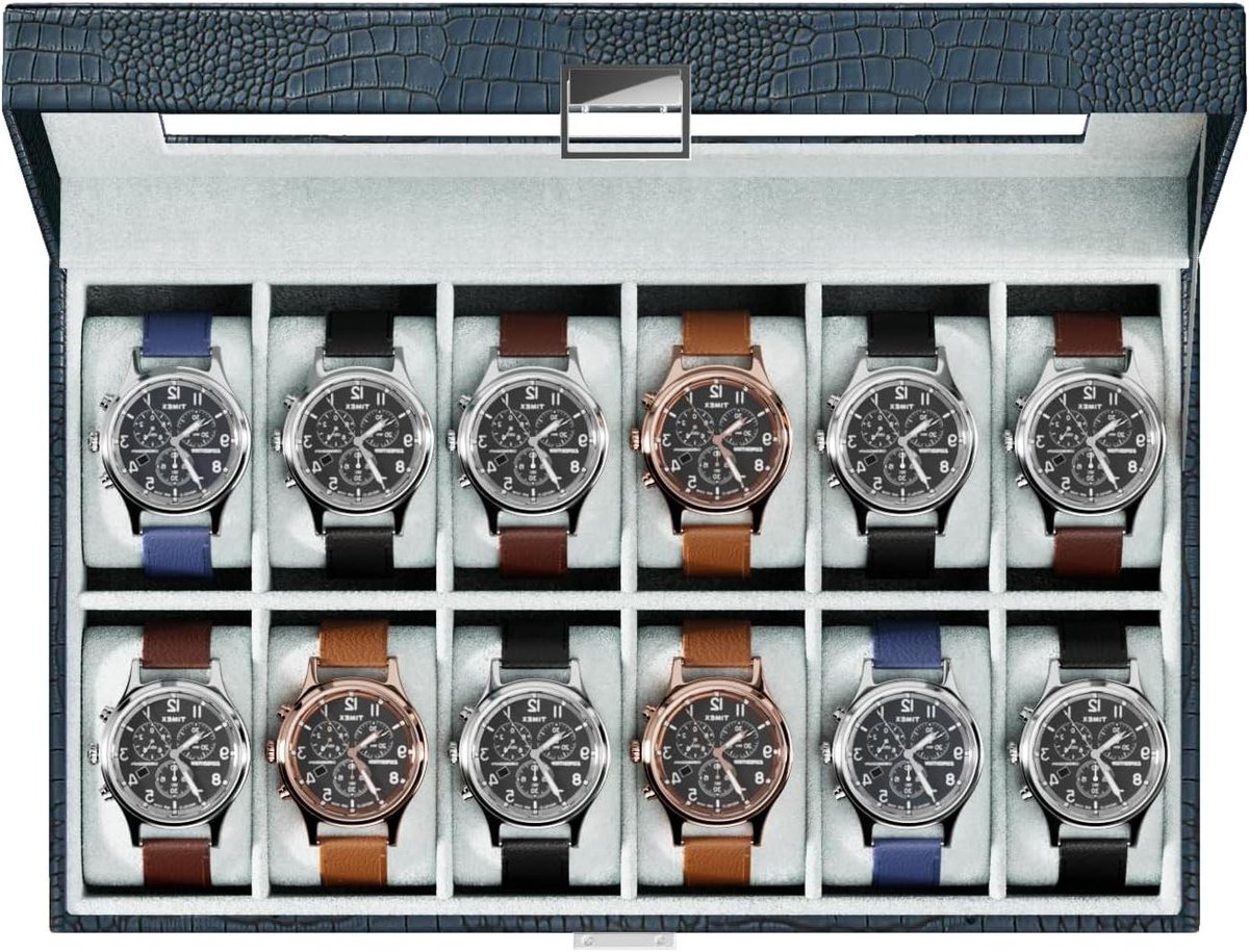 Horloge Organizer - Horloge Doos - Horloges Opbergen - Glazen Deksel - 12 Vakken - Blauw