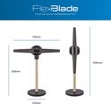 Afmetingen van de zwarte en goudkleurige FlexBlade ventilator: 708mm breed, 1095mm hoog en 320mm diep.