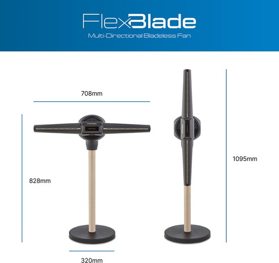 Afmetingen van de zwarte en goudkleurige FlexBlade ventilator: 708mm breed, 1095mm hoog en 320mm diep.