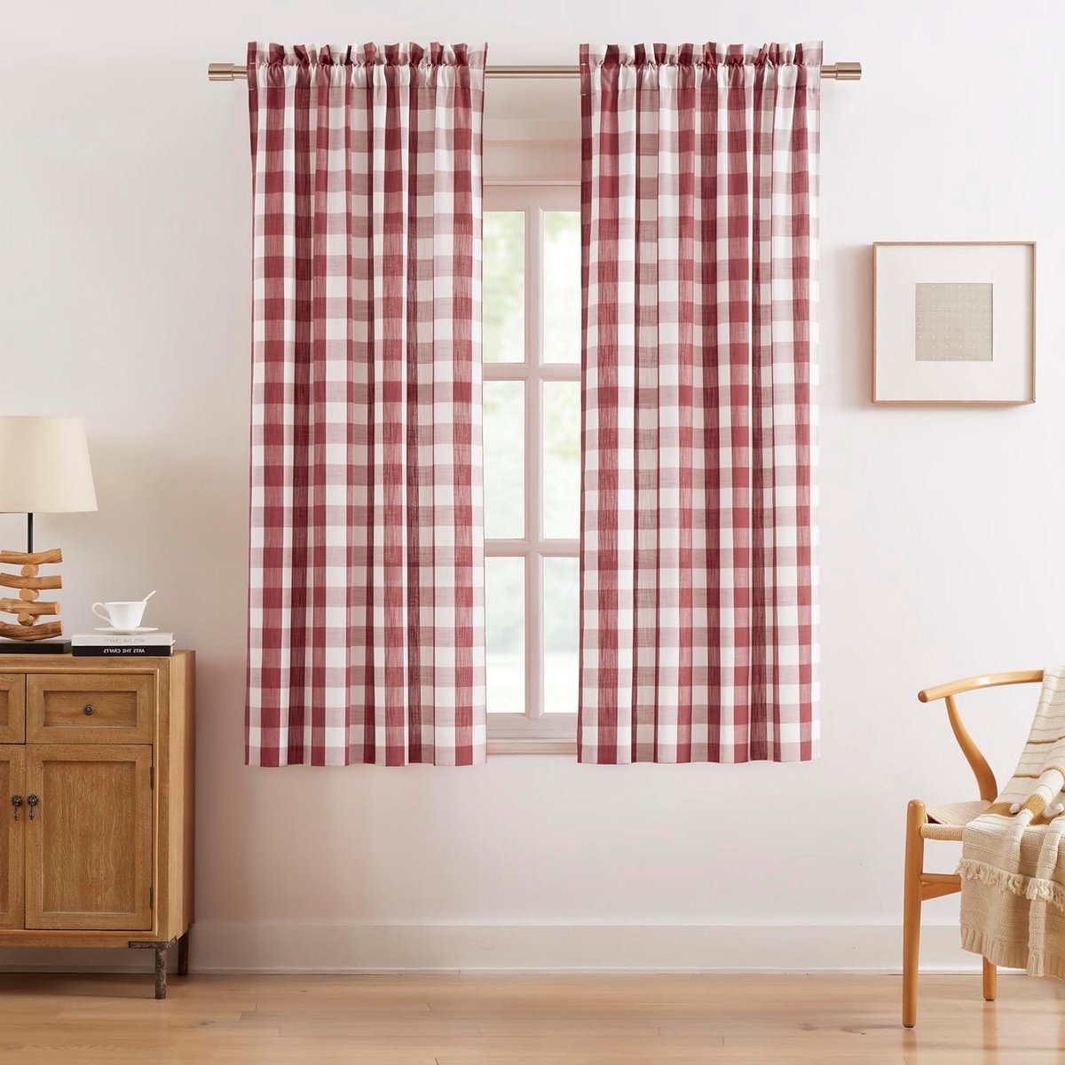 Raamgordijn Panelen - Gordijnstof Vensterdecoratie - Woonkamer Verfraaien - Geruit Boerderij Stijl - 101.6B x 137.2H cm - Rood