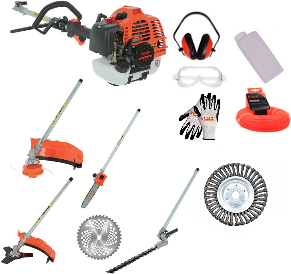 Bol.com Kibani 6-in-1 Multitool - 52 cc / 1.9 PK 2-takt Benzine Motor - Heggenschaar, Kettingzaag, Grastrimmer, Maaidraad 100M, ... aanbieding