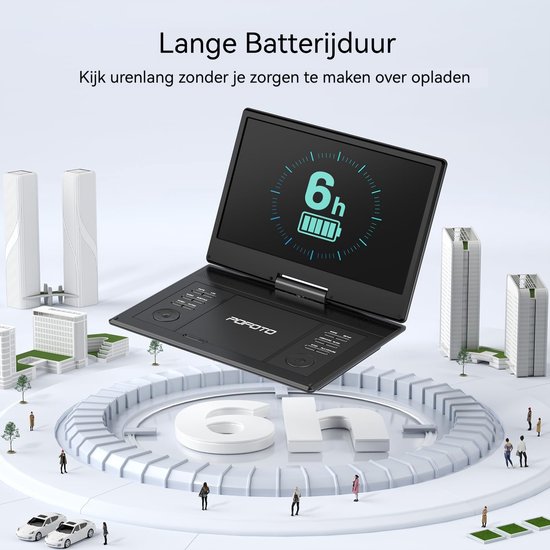 POFOTO 15.7" draagbare dvd-speler - met 14" groot HD-scherm - 6 uur oplaadbare batterij - ondersteuning voor USB/SD-kaart/Sync TV en meerdere schijfformaten - luidspreker met hoog volume - zwart — afbeelding 4