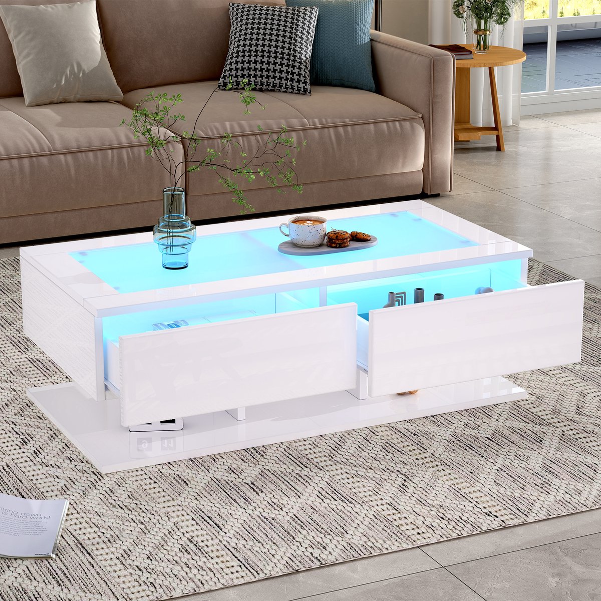 MIVRAY Salontafel - Hoogglans Met Led En 2 Laden - Voor Woonkamer - Spaanplaat En Gehard Glas - 100x50x35 Cm - Wit