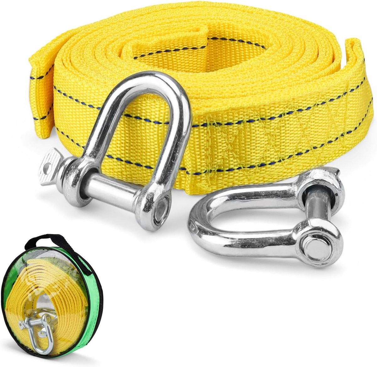 Tow Rope 4 m - Nylon Lifting Loops - Drag Loop met Reflecterende Strepen - Versterkte Dubbele Naad - Inclusief 2 Haken voor Auto's en Off-Road Voertuigen - Trekkoord voor Vervoer