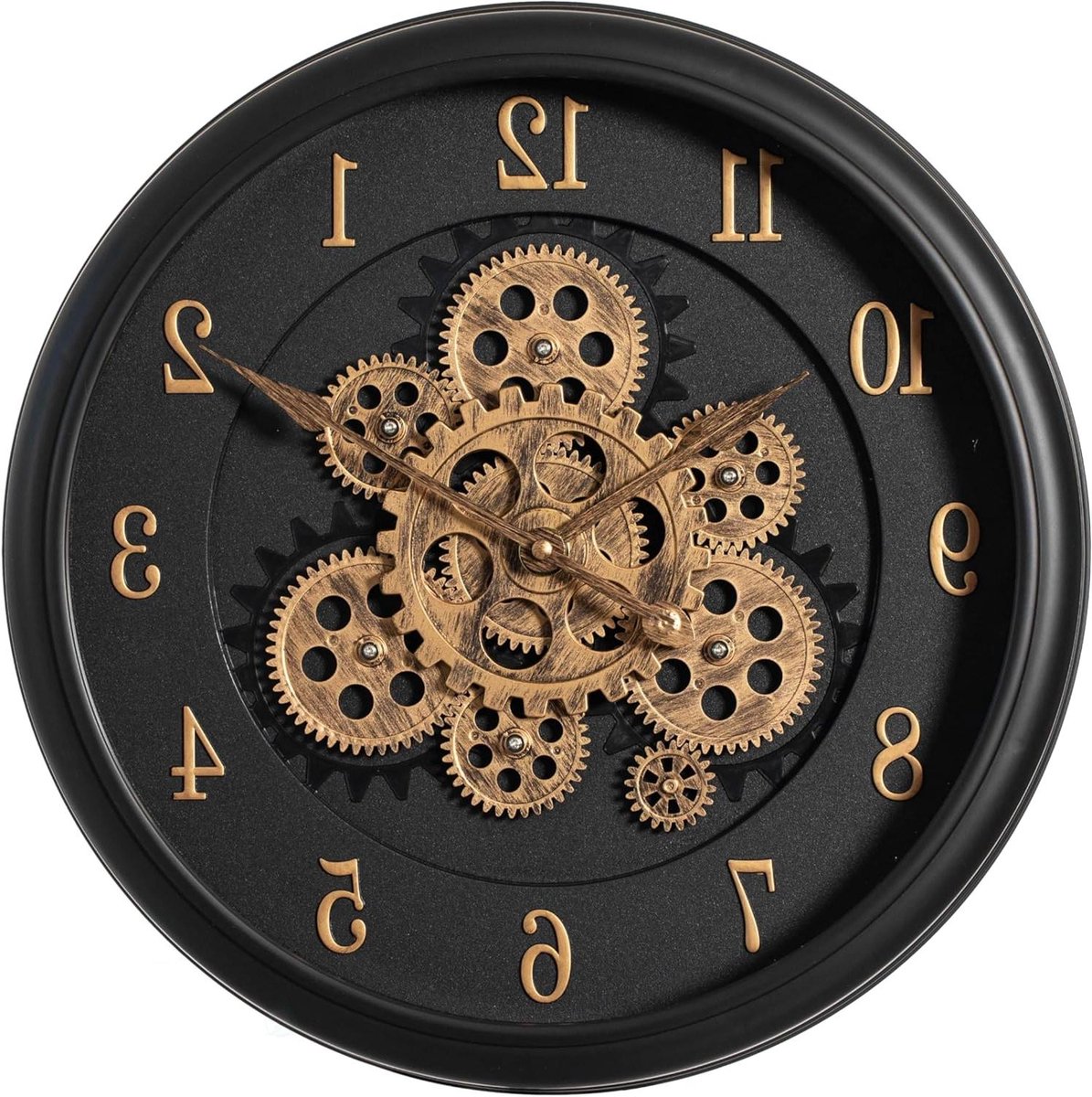 Wandklok Tandwielen - Mechanische Klok Decoratie - Tijd Weergeven - Roterende Tandwielen - 16 inch - Zwart Goud