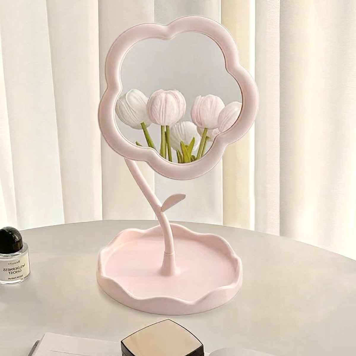 Bloemvormige Make-upspiegel - Bureau Spiegel Kamerdecoratie - Make-up Aanbrengen Decoreren - Uniek Onregelmatig Ontwerp - 29.5 cm Hoog - Roze