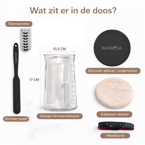 Zuurdesem starterset, bevat een 710 ml zuurdesempot met metalen deksel, siliconen spatel, voedingstracker, extra thermometerstrips en deksels