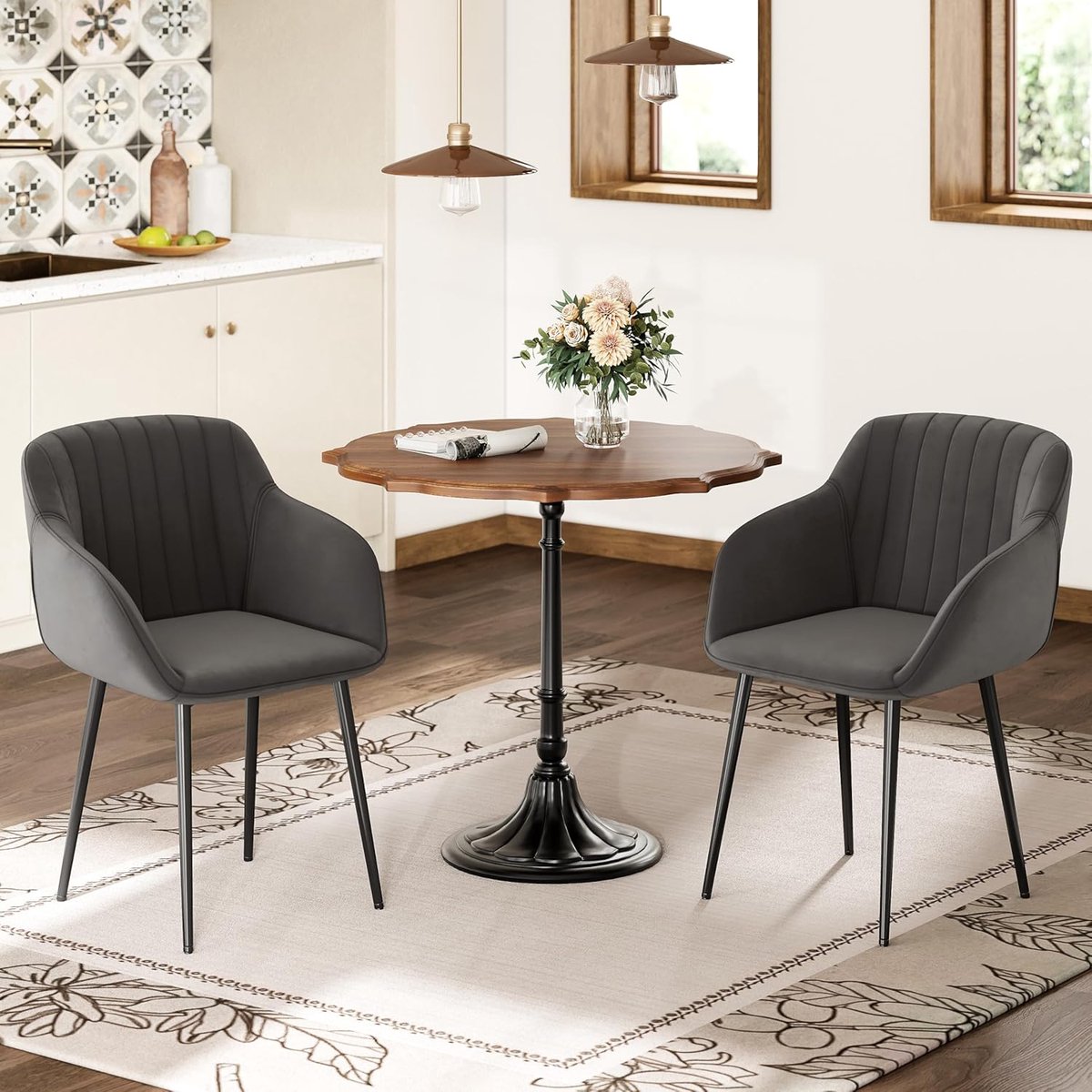 Luxe Velvet Eetkamerstoelen met Armleuningen Set van 4 – Design Stoelen voor Eetkamer & Woonkamer – Donkergrijs – Afmetingen 61D x 57B x 82H cm