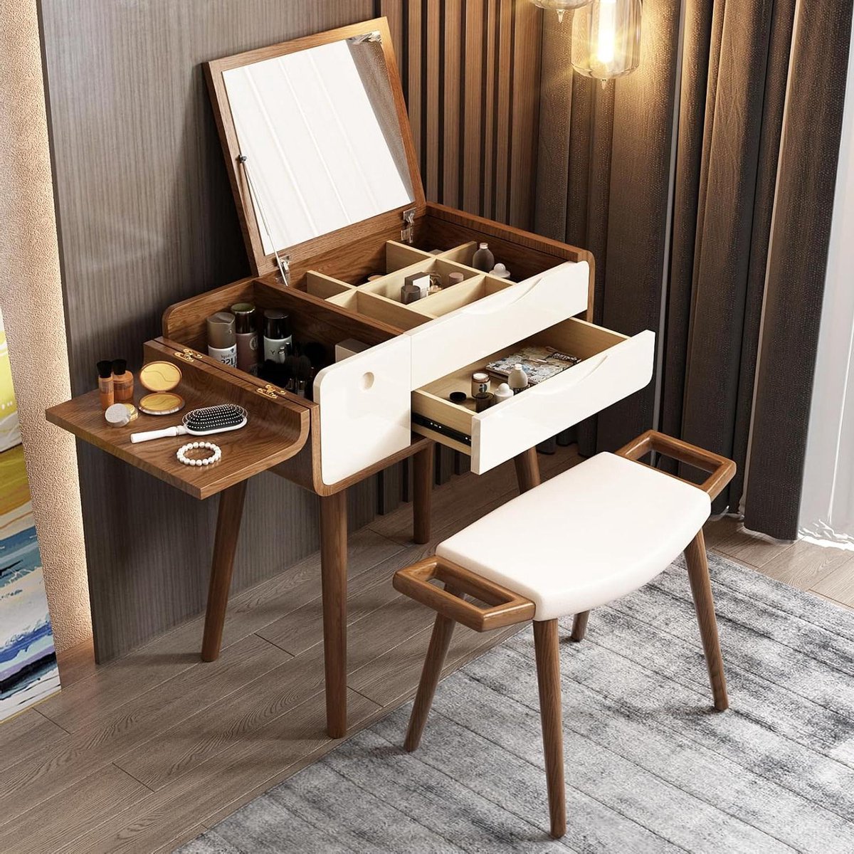Kaptafel met Kruk - Dressoir Spiegel - Make-up Opbergen - Flip-up Spiegel - 85 cm x 65 cm - Walnoot