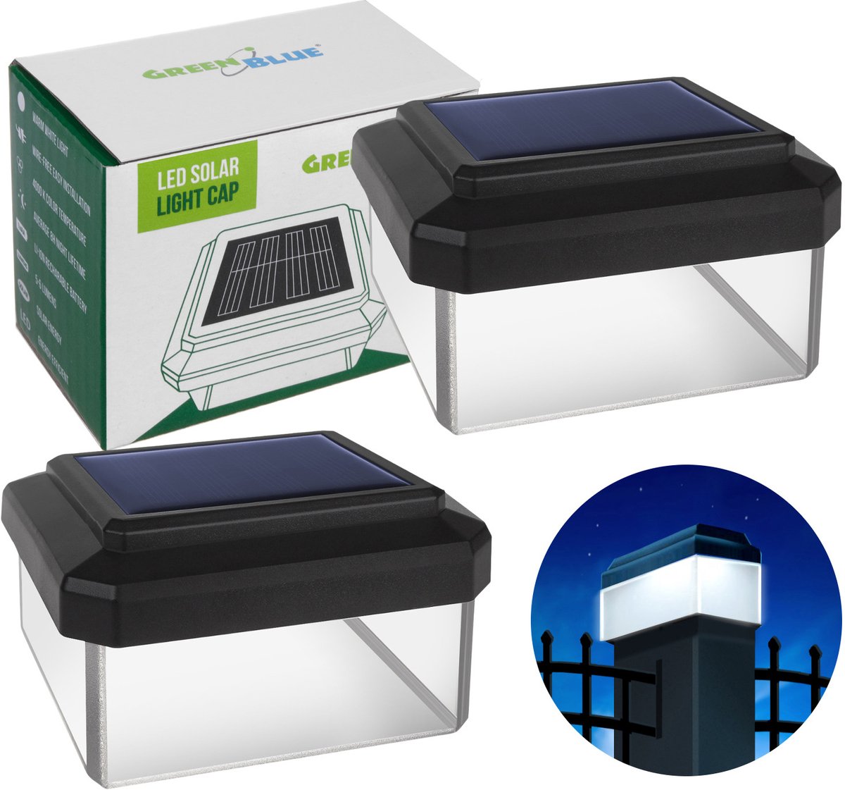 GreenBlue - Tuinlamp - LED-zonnelamp voor paal, 60x40 mm, envelopvormige kap, GB125, 2 stuks