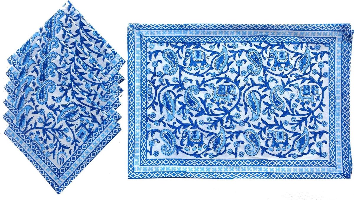 Placemats en Servetten - Tafelmatten Set - Eettafel Decoratie - 100% Katoen - 6 Stuks - Blauw