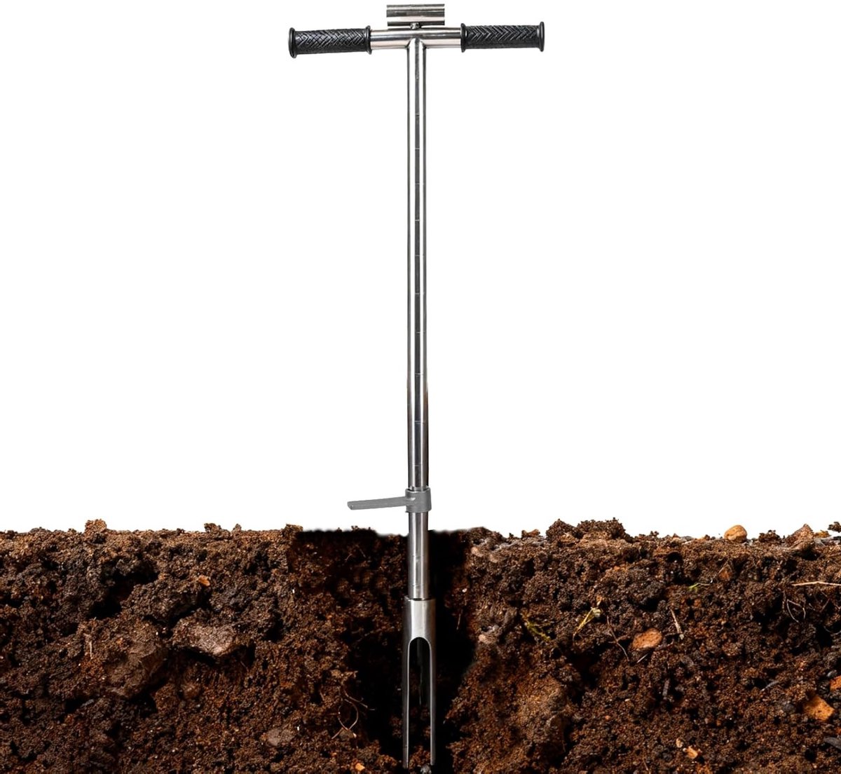 1 meter lange RVS grondmonsternemer met T-handvat en ejectorpedaal voor tuin en landbouwsampling