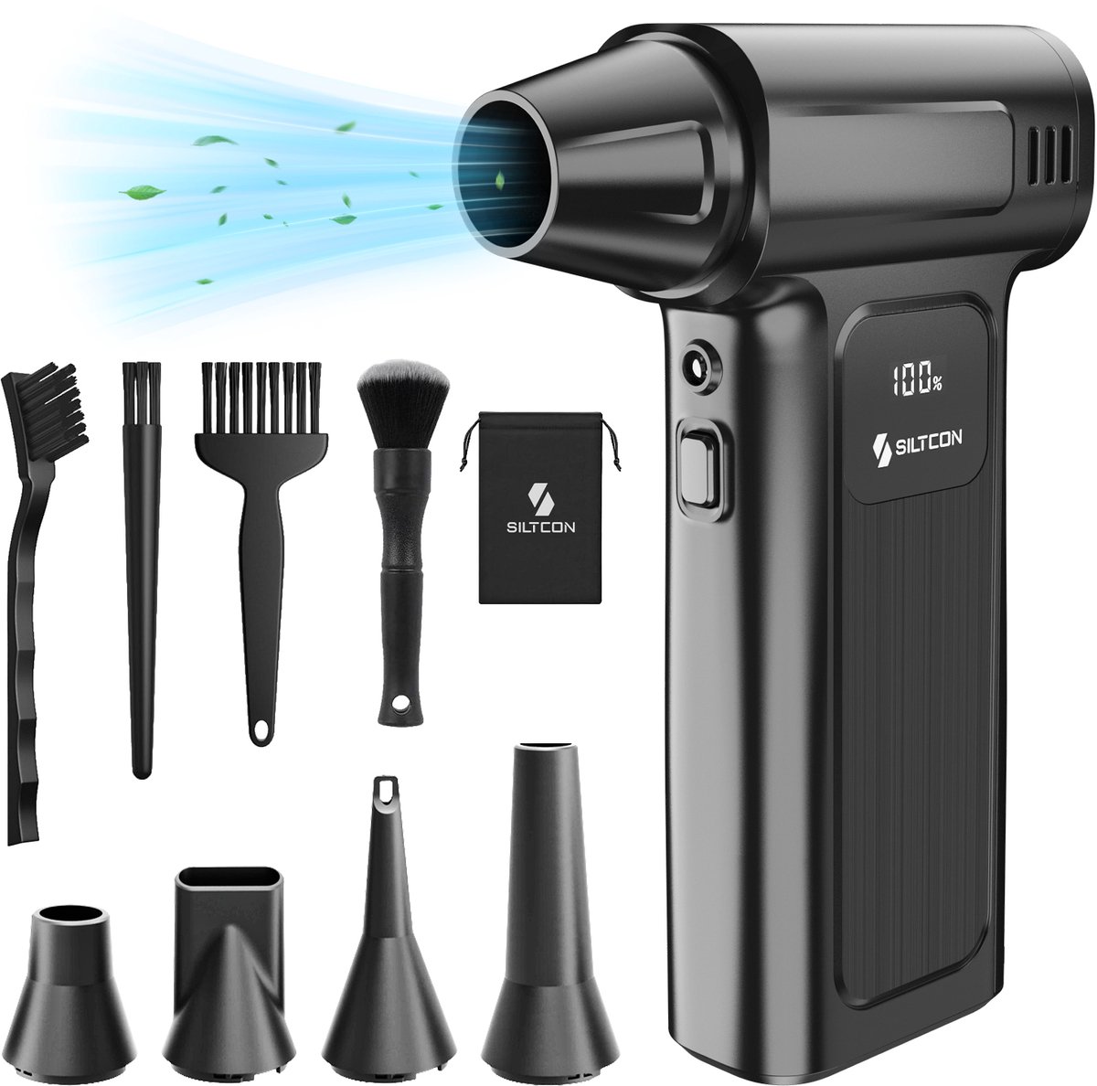 Siltcon® Air Duster Draadloos PRO - Oplaadbaar 6500 mAh - 150.000 RPM - Perslucht - Luchtblazer - Compressed Air - Turbo Fan - 5 Mondstukken - Opberghoes - LED-display - 4 Standen - O.a. Auto, Luchtbed, Bladeren en Sneeuw