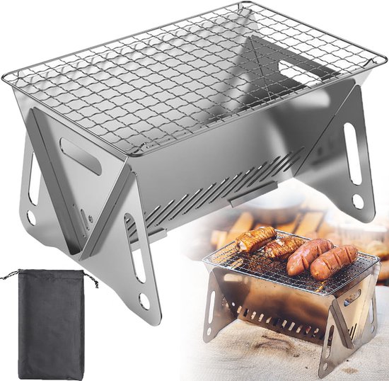 Draagbare Barbecue - Houtskool Barbecue - Met Opbergzak - Opvouwbare Barbecue - RVS - 21 x 16,5 x 13 cm - Draagbare Houtskool Grill met rooster - Barbecue Smoker - Houtskool BBQ - Voor Picknick, Kamperen en Buitenactiviteiten - Festival BBQ