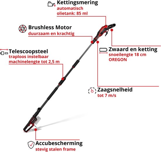 Einhell Professional Accu Telescopische Kettingzaag GP-LC 18/20 Li T BL Solo - Power X-Change - 18 V/Li-ion - Zwaardlengte: 20 cm - Max. Zaaglengte: 18 cm - Kettingsnelheid: 7 m/s - Verlengbaar tot 250 cm - Excl. Accu en lader van Einhell — afbeelding 2