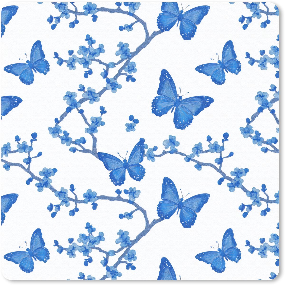 Muismat 20x20 cm - Mousepad Vlinder - Bloemen - Blauw - Muismatten