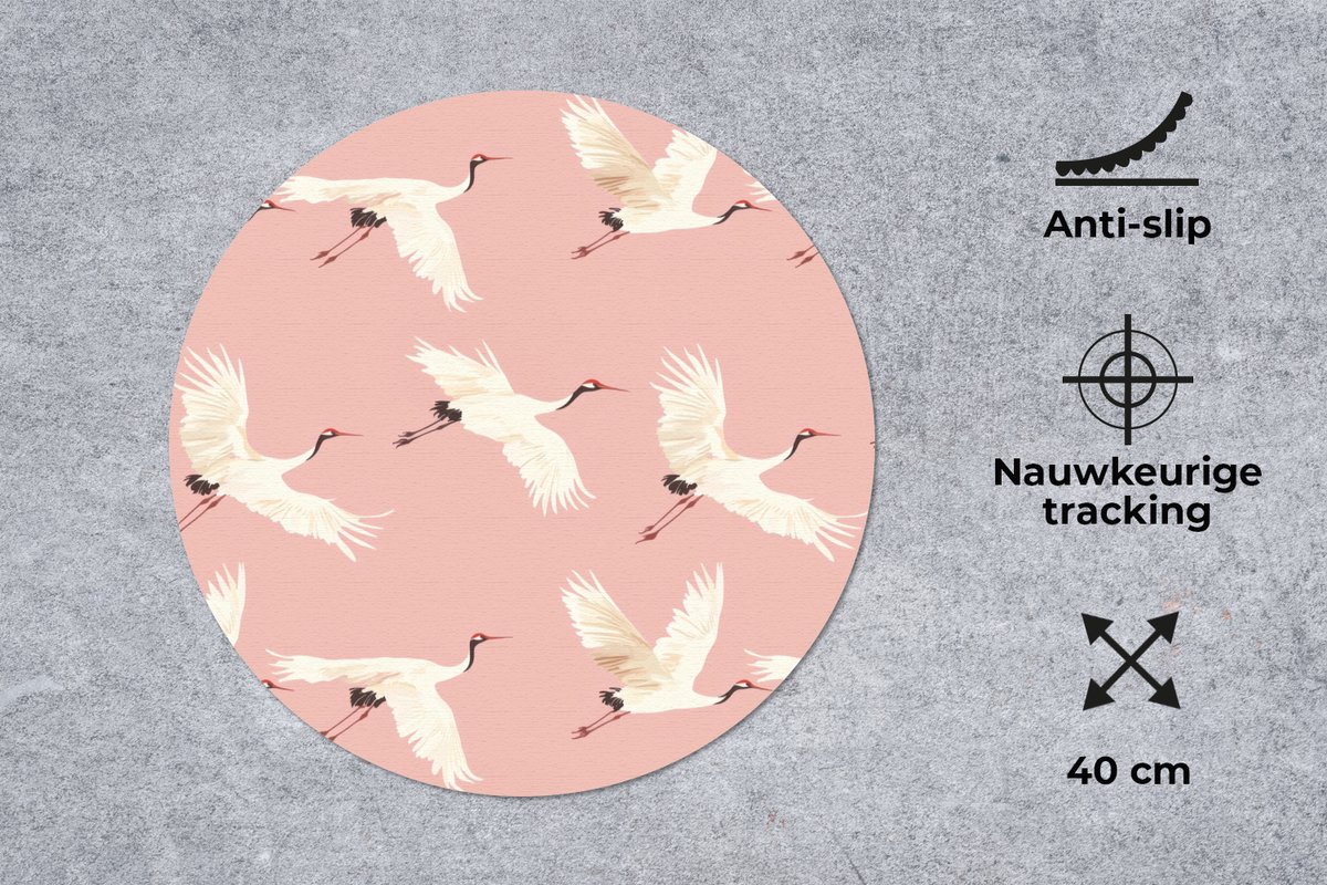 Muismat rond 40x40 cm - Mousepad Modern - Kraanvogels - Roze - Ronde muismatten
