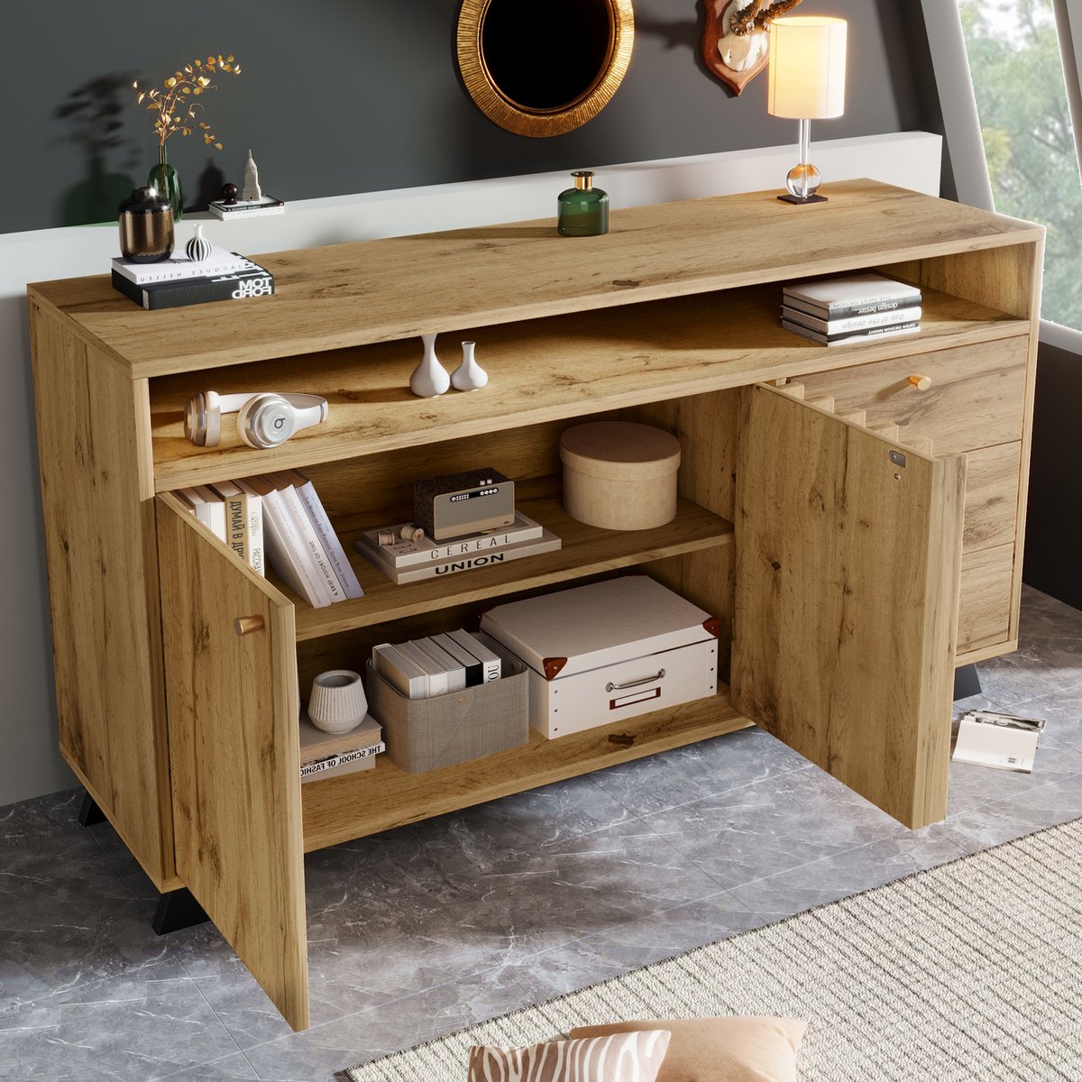 MIVRAY Dressoir - Lamellenfront Met 3 Laden En 2 Deuren - Voor Woonkamer En Hal - Hout Donkere Eik - 120x40x85 Cm