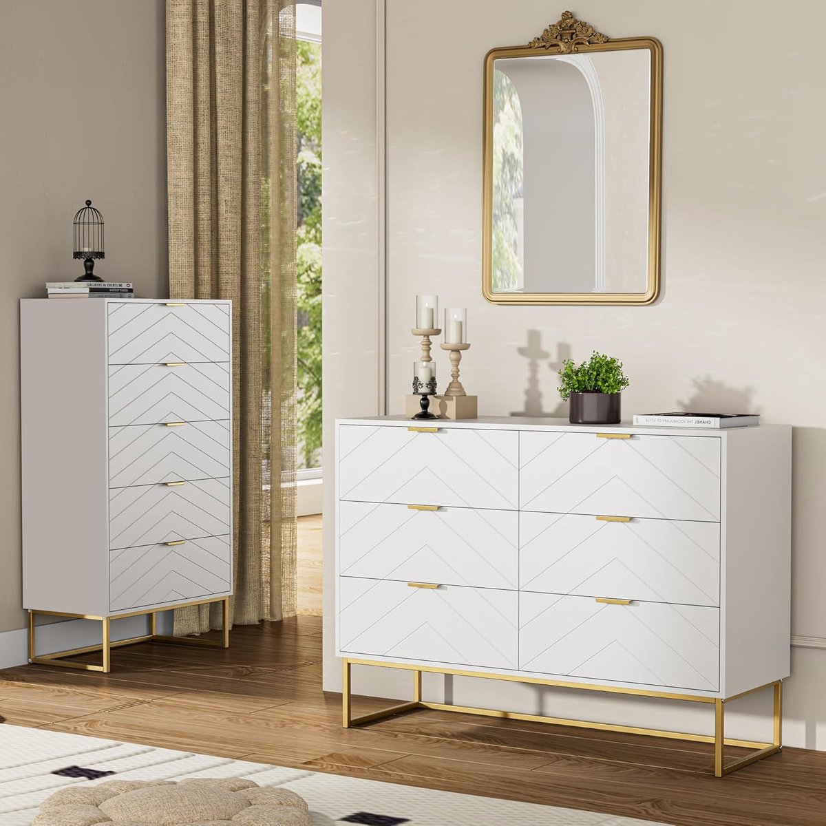 Commode 6 Laden 74x100x34 cm Smalle Houten Opbergkast met Metalen Poten en Kantelbeveiliging Moderne Slaapkamer Kast Wit Urbanhome