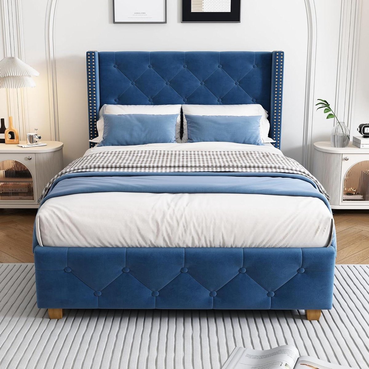Gestoffeerd Bed - Boxspring Frame - Slaapcomfort Creëren - Knoopbekleding Hoofdeinde - 90 x 200 cm - Blauw