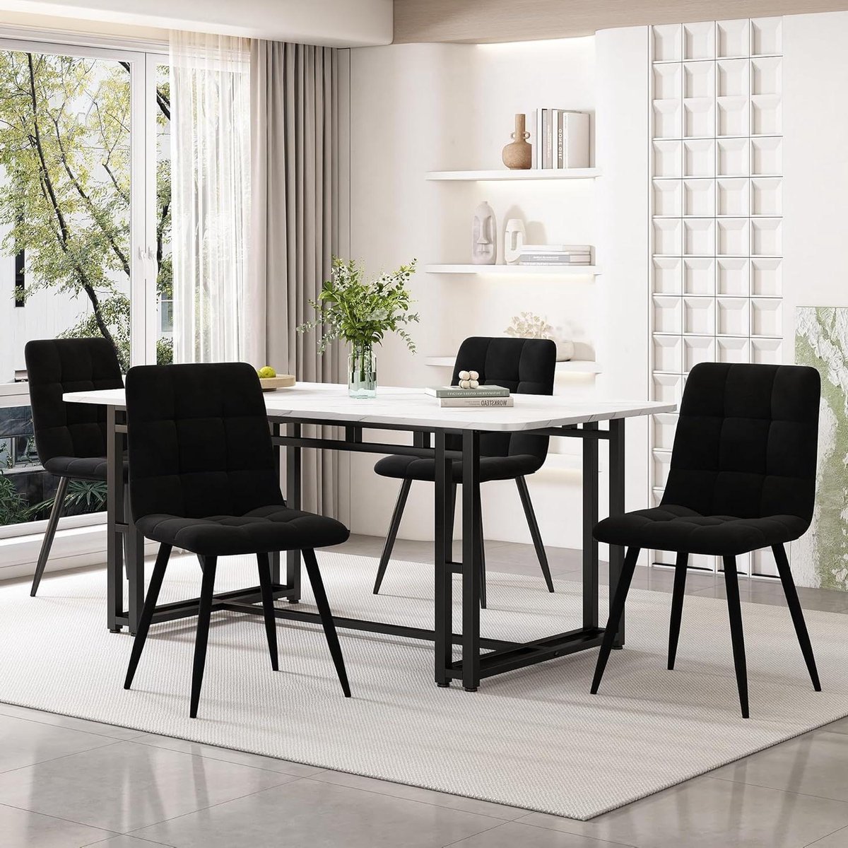 Eettafel met stoelen - Eetkamerset tafel stoelen - Samen dineren - Fluwelen comfortabele stoelen - 140x80 cm - Zwart
