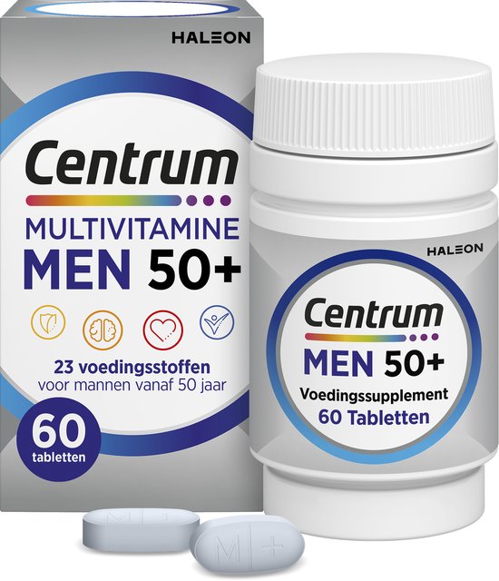 Doos en pot Centrum Multivitamine Men 50+ met 60 tabletten. Met 23 voedingsstoffen voor mannen vanaf 50 jaar.