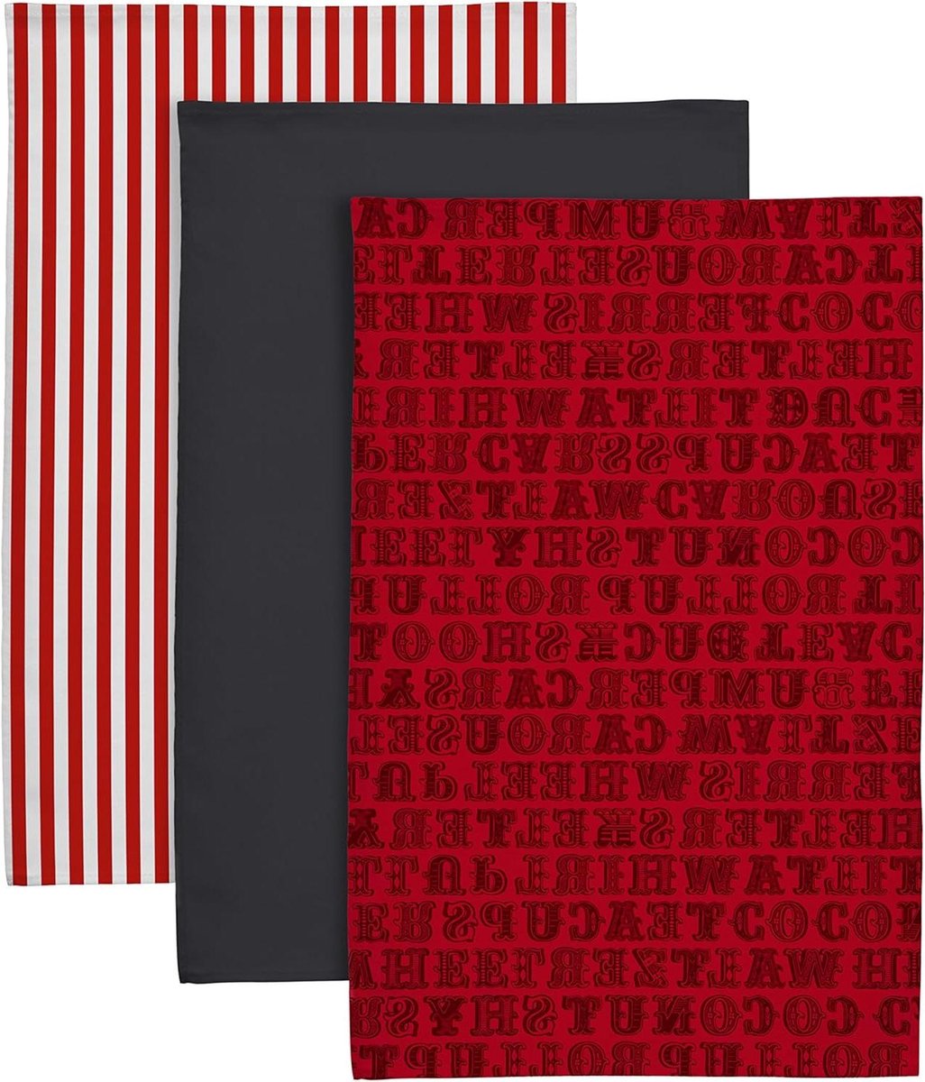 Theedoeken Carnaval - Keukendoeken Set - Servies Drogen - 100% Katoen - 60 x 40 cm - Rood Zwart
