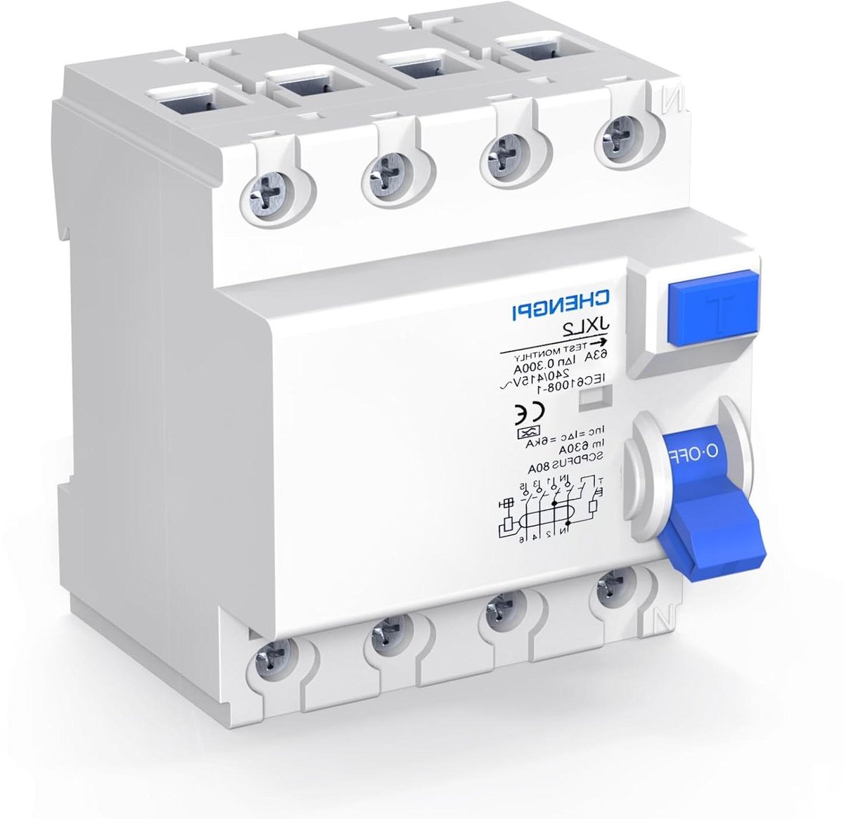 Aardlekschakelaar - FI-schakelaar Stroomonderbreker - Elektrische Veiligheid - All-stroomgevoelig - 4-polig 63A 300mA - Grijs
