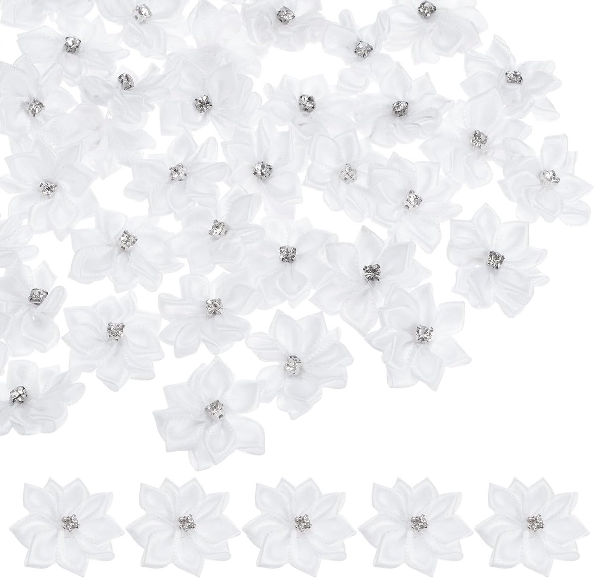 Set van 150 Satin Ribbons - Mini Fabric Flowers met Rhinestones - Floral Ribbon Appliques voor Crafting, DIY, Bruiloft, Ornament, Feest, Thuis [Wit]