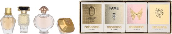 Paco Rabanne miniatures met 'Lady Million', 'Olympea', 'Fame' en 'Million Gold'.
