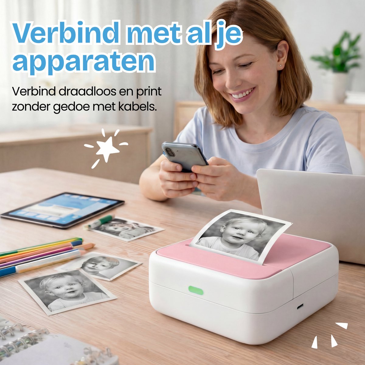 TinyPlay Mini Printer 300 DPI - Pocket Printer - 13 rollen papier in kleur, Sticker en wit - Mobiele fotoprinter - voor Smartphone - Thermische draagbare printer - Thermal miniprinter – foto 7