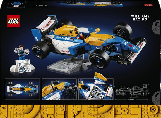 LEGO Williams Racing FW14B set met formule 1 auto in blauw, geel en wit met 'Canon' en 'Goodyear' logo's. Inclusief Nigel Mansell minifiguur.
