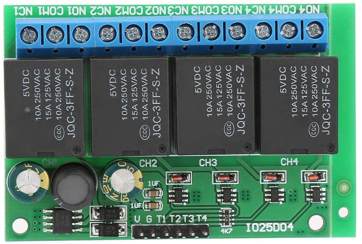 VT Goods - Relaismodule - 4 kanalen - Flip-Flop Low Pulse Trigger - 6-24VDC - Zelfvergrendelend - Ideaal voor Smart Home en noodverlichting
