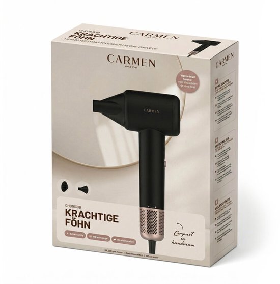 Carmen CHD1630B - Föhn met Diffuser voor Krullen - Haardroger - 3 Warmtestanden - Warm/Koud - Zwart