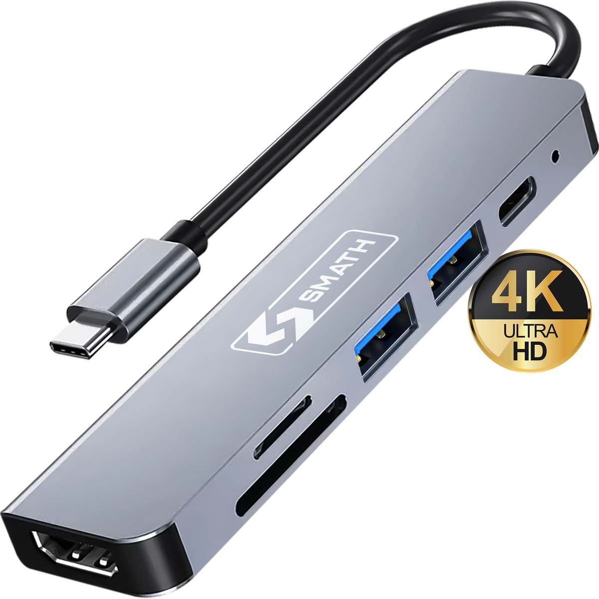 Smath® USB C Hub 6-in-1 - USB Hub 3.0 met HDMI 4K - SD Kaart Lezer - USB Splitter voor Laptop en PC - Aluminium Behuizing