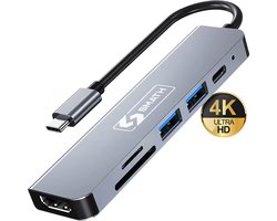 Smath® USB C Hub 6-in-1 – USB Hub 3.0 met HDMI 4K – SD Kaart Lezer – USB Splitter voor Laptop en PC – Aluminium Behuizing