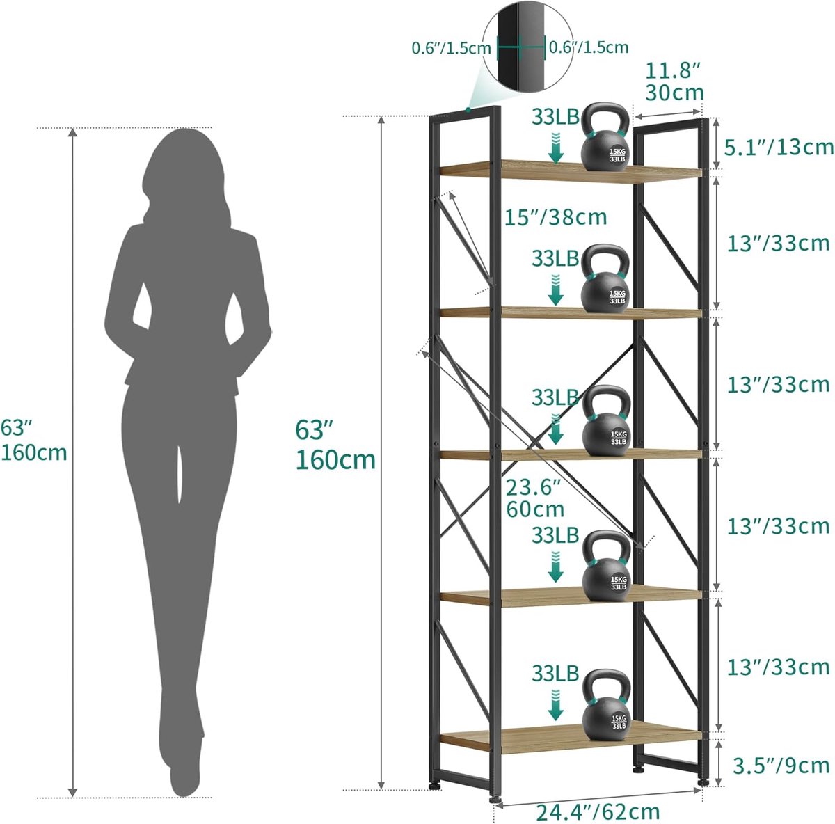 Boekenkast Industrieel 5 Niveaus – abtkantoor Design Open Opbergrek 158 cm – Hout & Metaal Staande Kast – Multifunctionele Boekenkast voor Woonkamer, Slaapkamer & Kantoor – 60x30x158 cm