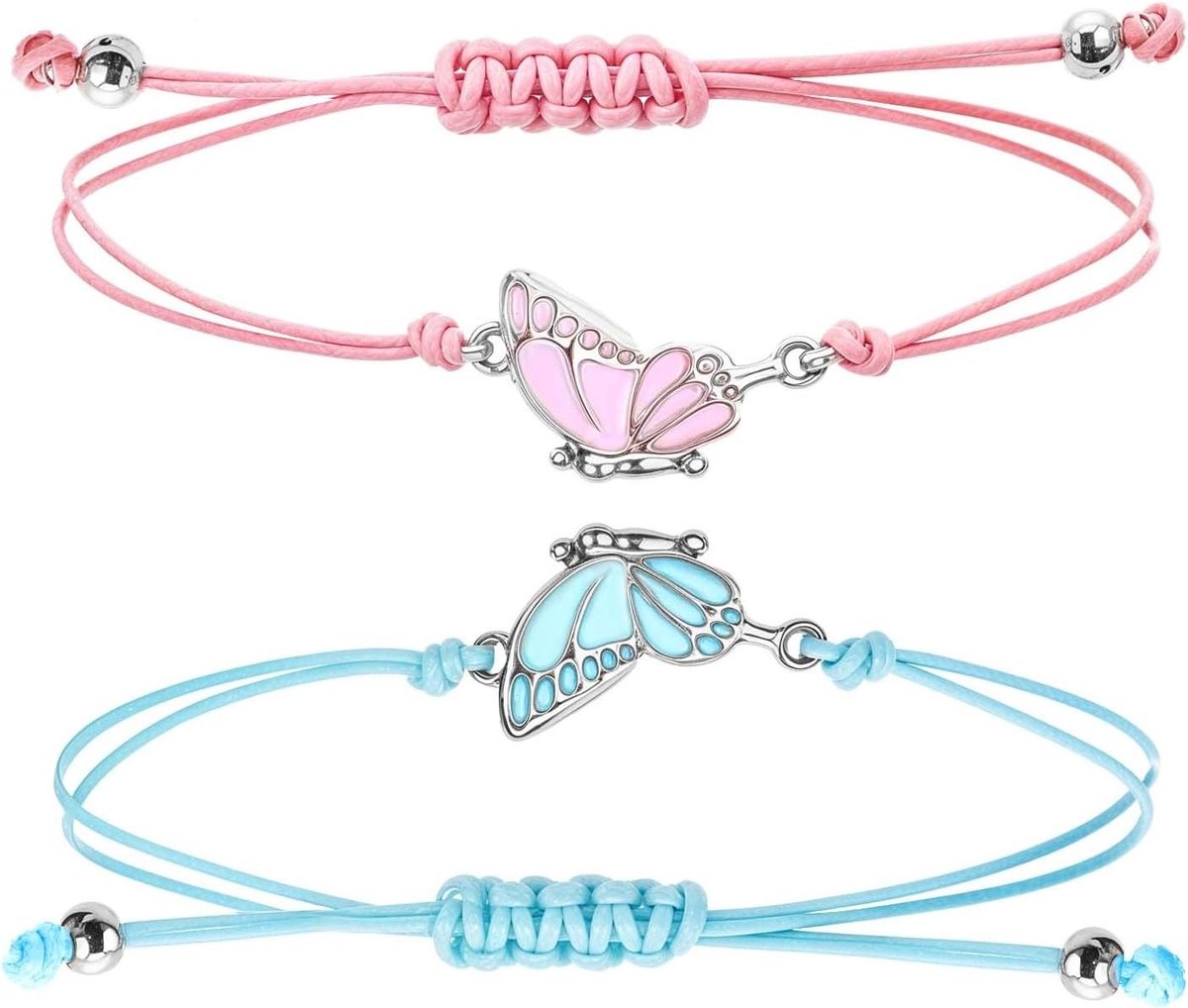 Vriendschapsarmbanden voor Vriendinnen, 2 Stuks, Verstelbare Vlinderarmband, Eenvoudige Damesarmbanden, Bijpassende Armbanden in Blauw en Roze