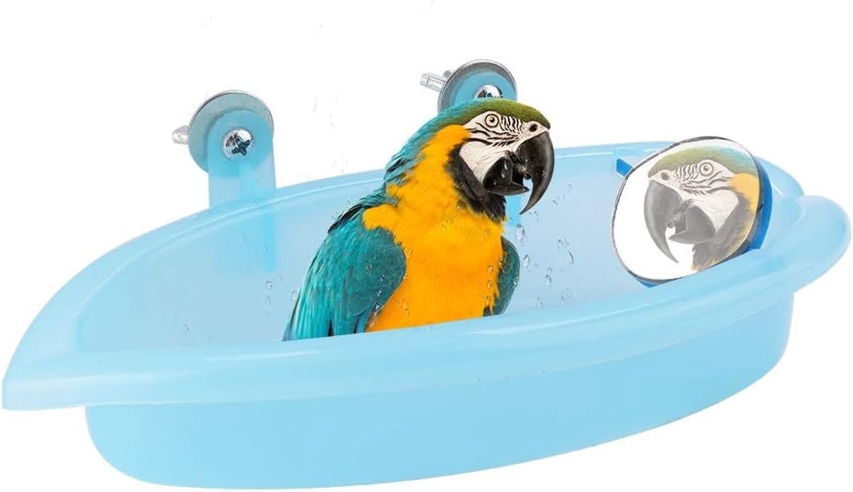 Hangende Vogelbad met Spiegel - Badaccessoires voor Vogels, Geschikt voor Kooi, Blauw, 19x8x4 cm