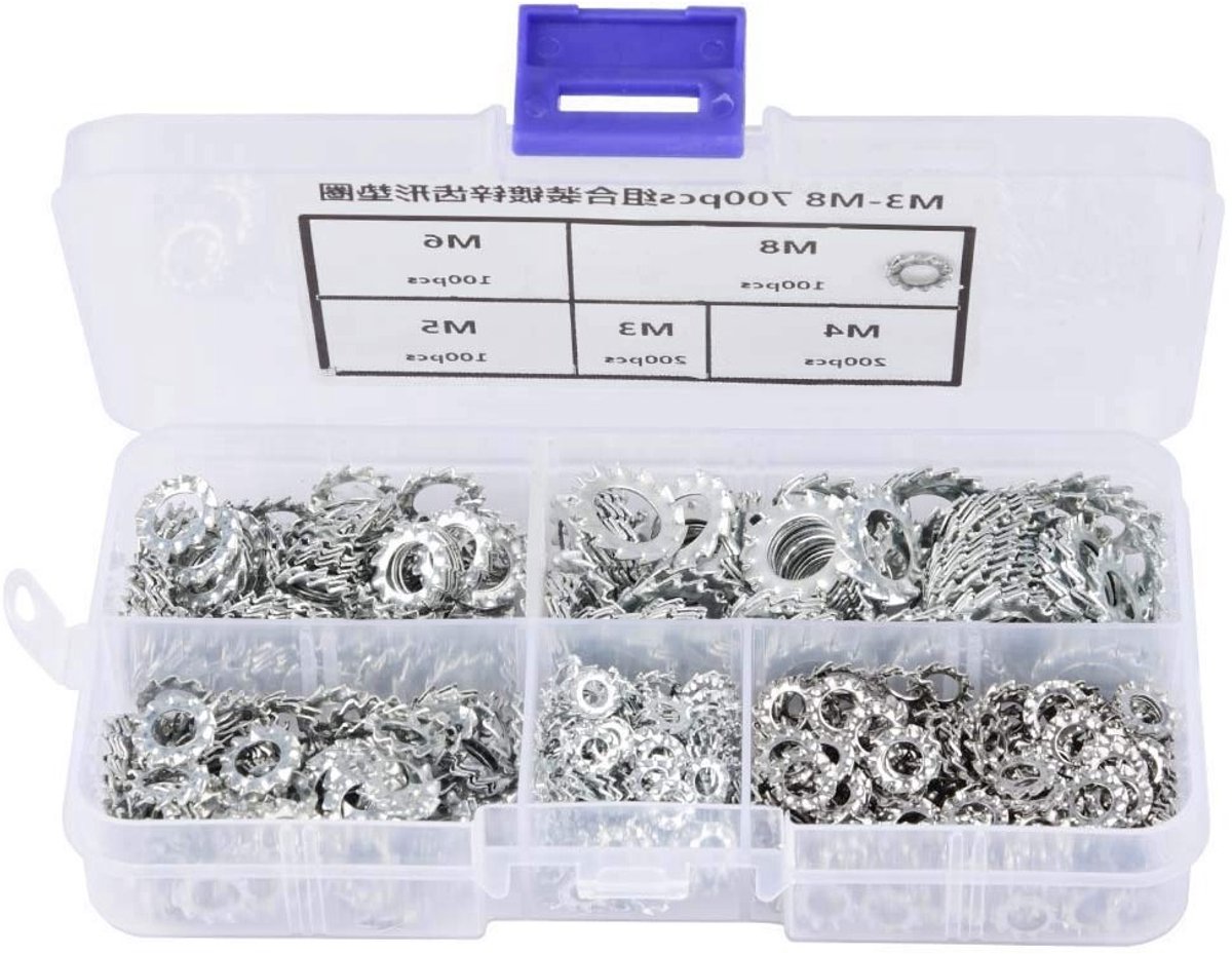 Knurled Ringen Assortiment 13×7×3 - 700 Stuks Gegalvaniseerde Tanden Lock Ringen en Bevestigingsgereedschap voor M3 M4 M5 M6 M8