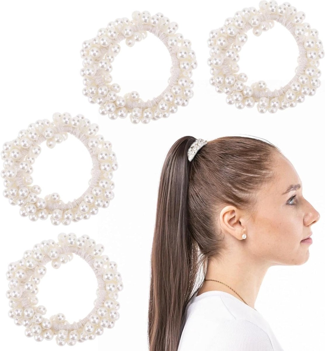 Set van 4 Elegante Haarbanden met Witte Parels - Rekbare Scrunchies voor Ponytails en Haarstijlen - Luxe Haaraccessoires voor Dames en Meisjes
