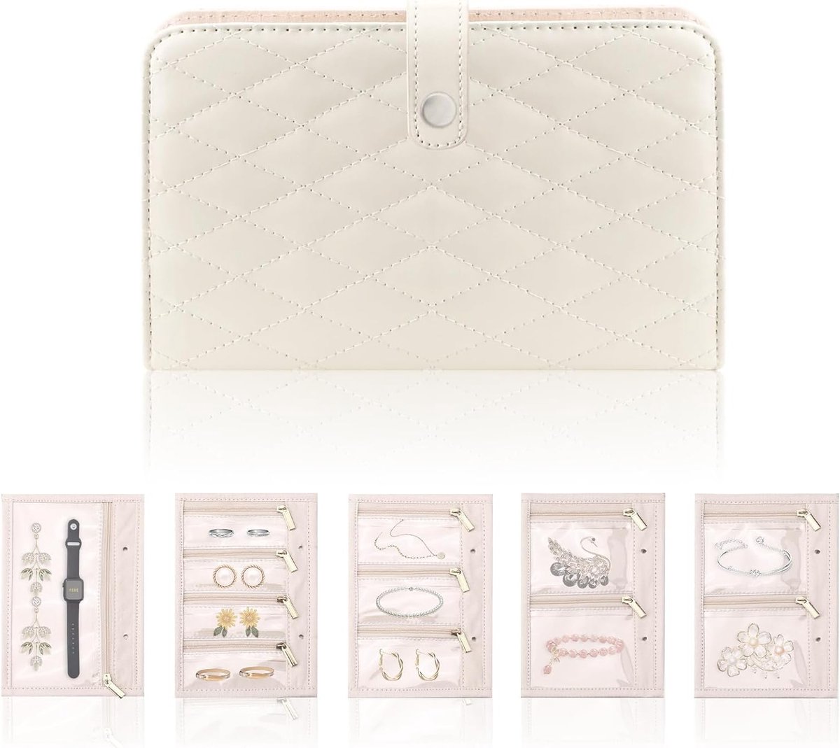 Sieraden Boek Organizer, Sieraden Opbergboek, Luxe Sieraden Binder met Gouden Ritsen, Ideaal voor Reizen en Thuisgebruik, Perfecte Sieraden Organizer voor Vrouwen (Wit)